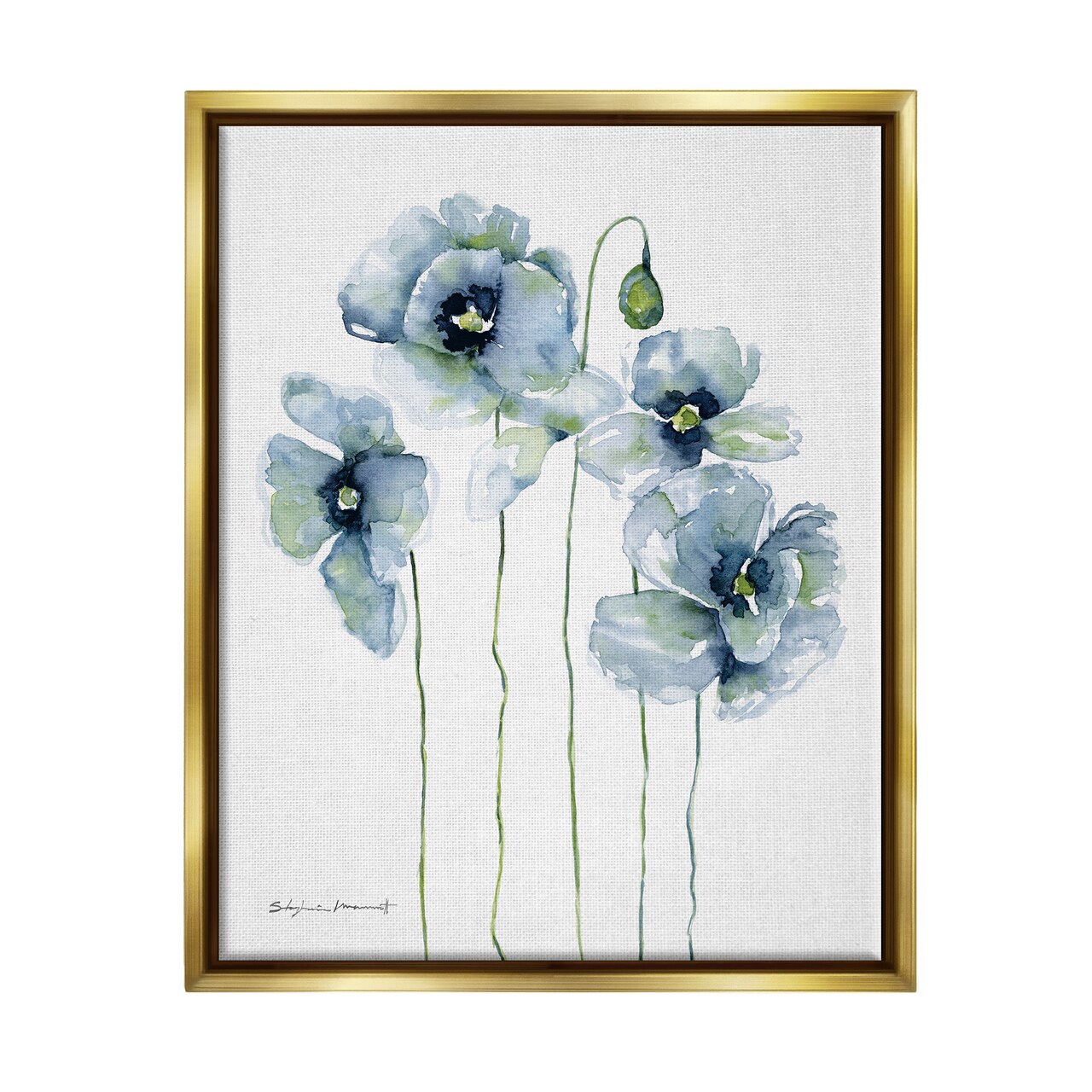 Stupell Industries Modern Poppy Blooms Blue Abstract Black Framed Floater Canvas Wall Art